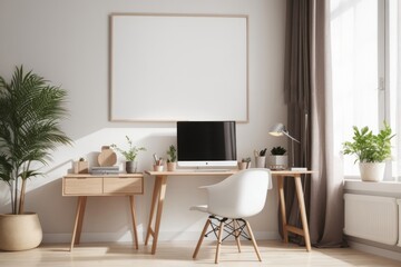 Scandinavian interior home design of modern workplace with table, chairs and wooden decoration with empty poster frame mockup