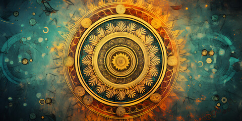 Mayan pattern as background decoration, A colorful mandala with a circle in the middle , - obrazy, fototapety, plakaty