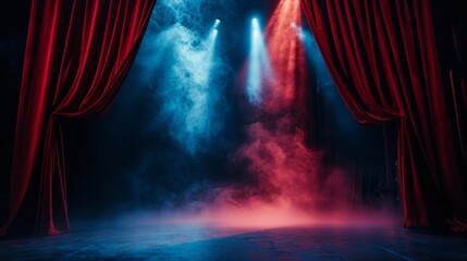 Stage background design. Heavy velvet curtain open on black stage background illuminated by bright rays of light, spotlights and artificial smoke.