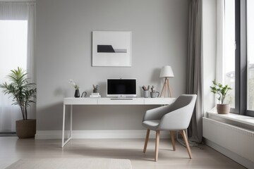 Scandinavian interior home design of modern workplace with table, chairs and white wooden decoration with a laptop on the desk