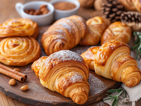 Sweet pastry food breakfast croissants snack bakery on wooden background.
