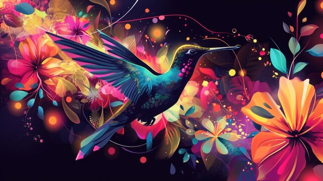  a painting of a hummingbird in flight with colorful flowers in the foreground and a black background with a splash of color on the bottom half of the image.