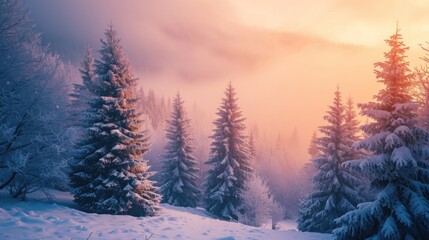 Fototapeta premium Snowy winter covered pine trees at sunrise