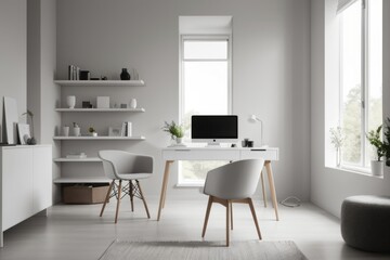 Scandinavian interior home design of modern workplace with table, chairs and white wooden decoration with a laptop on the desk
