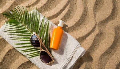 healthy suntan concept high angle view photo of sunscreen spray sunglasses slippers and palm leaf on a beach towel on sand background with copyspace