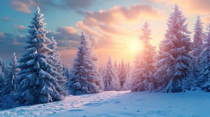 Snowy winter covered pine trees at sunrise