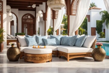 Obraz premium sofas and pillows with Arabic or Turkish ornament motifs at the hotel poolside, in a beautiful holiday area