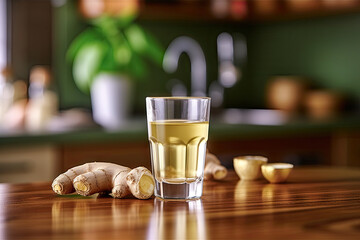 glass of ginger tea , a cup of ginger tea on kitchen