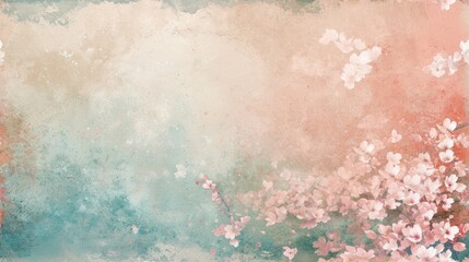  a painting of pink flowers on a blue and pink background with a white border in the center of the painting is a painting of pink flowers on a blue and pink background.