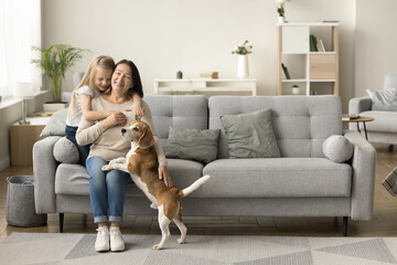Happy senior grandmother enjoying funny family leisure with granddaughter and pet, sitting on couch in cozy home interior, piggybacking kid, stroking beagle dog, looking at camera, smiling - Powered by Adobe