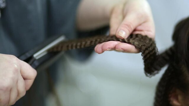 Visagiste processes hair of model with goffering-tongs.
