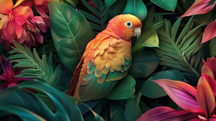  a colorful bird sitting on top of a lush green leaf filled plant filled with red, pink, and yellow flowers in a lush green leafy area with lots of leaves.