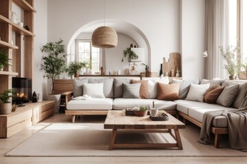 Interior home design of modern living room with beige sofa and rustic wooden furniture