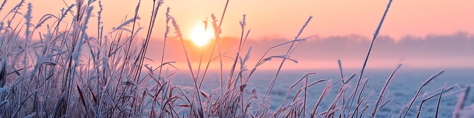 Naklejka premium Norddeutschland Landschaft bei Frost im Winter, Panorama Sonnenaufgang, Morgendämmerung bei klirrend kaltem und klaren Wetter