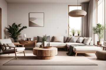 Interior home design of modern living room with beige sofa and rustic wooden furniture