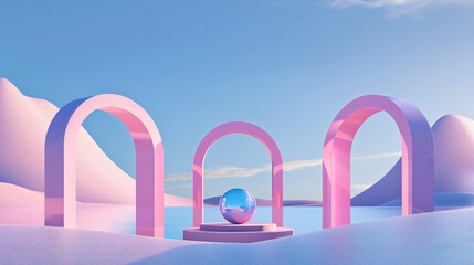 Obraz na płótnie Canvas 3d abstract surreal pastel landscape background with arches and podium for showing product. Panoramic view. 3d render