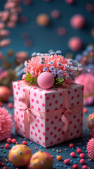 Fototapeta na wymiar beautiful pink gift box with flowers ribbon