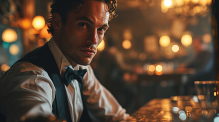 elegant man wearing bow tie and vest sitting at bar - obrazy, fototapety, plakaty