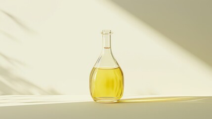  a bottle of oil sitting on top of a table next to a shadow of a person's shadow on the wall and a shadow of a wall behind it.