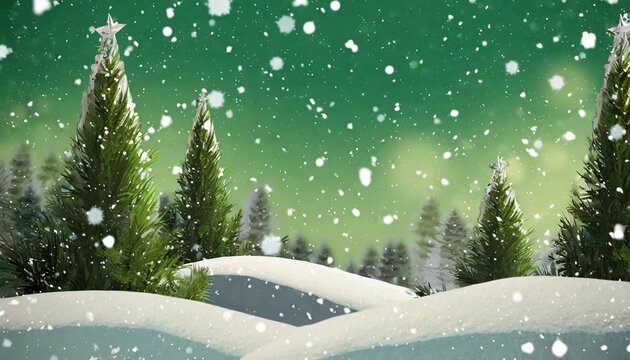image of winter scenery with snow falling on green background