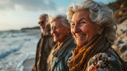 happy group of elderly people at the beach - obrazy, fototapety, plakaty