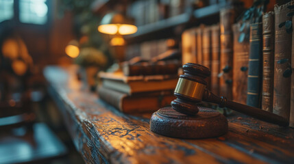 law books and judge's gavel on a wooden table - obrazy, fototapety, plakaty