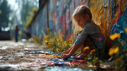 Photo sur Plexiglas Vielles portes adorable blonde girl playing with paint with her hands
