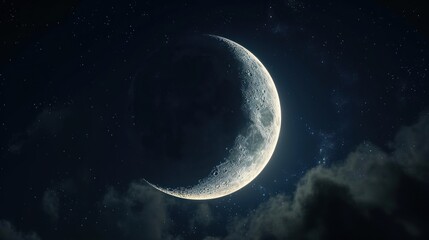  a close up of a crescent moon in the night sky with a cloud filled sky and stars in the foreground and a dark blue sky with a few white clouds. - obrazy, fototapety, plakaty