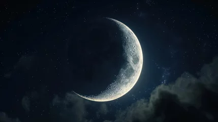Fotobehang  a close up of a crescent moon in the night sky with a cloud filled sky and stars in the foreground and a dark blue sky with a few white clouds. © Olga