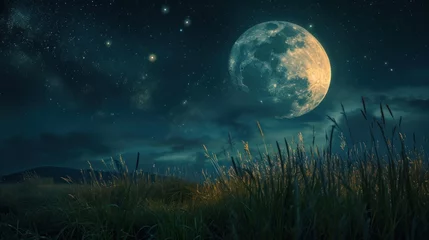 Photo sur Plexiglas Pleine Lune arbre  a night scene with a full moon in the sky and grass in the foreground, and a field of tall grass in the foreground with tall grass in the foreground.
