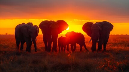 Fototapeta na wymiar A family of elephants, seen from a low angle, their majestic silhouettes against the vibrant hues of a setting sun, symbolizing strength and familial bonds in the wild.