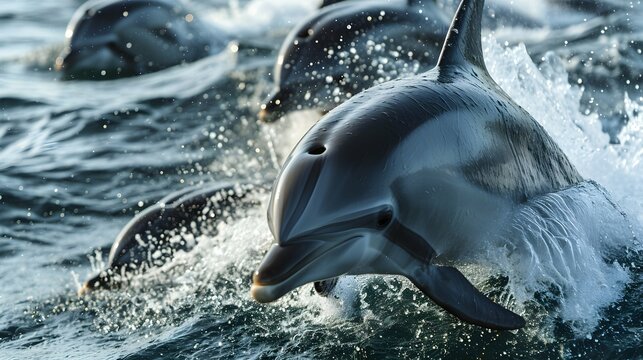 A close-up of a playful group of dolphins leaping out of the water, their joyful expressions capturing the essence of marine mammal intelligence and camaraderie.