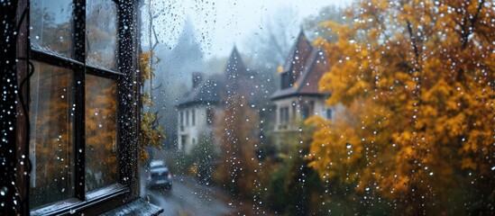 Rainy fall landscape with a wet village house window.