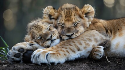 A sleepy lion cub nestled between the protective paws of its mother, the warmth and tenderness of this intimate moment portraying the softer side of the king of the jungle.