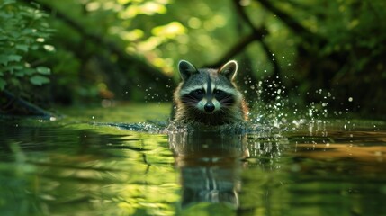 Obraz premium a raccoon swimming in a body of water with trees and bushes in the backgrouds of the water and a forest in the backgroud.