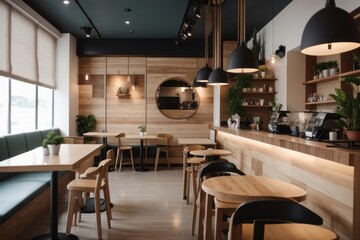 Interior home design of modern coffeehouse with wooden table chairs and coffee shop with wooden decoration