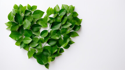 Heart made of green leaves on white background. Copy space for text