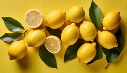 top view of whole lemon fruits on bright yellow background - obrazy, fototapety, plakaty