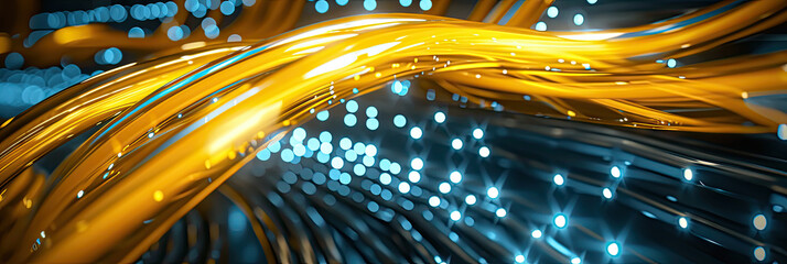 abstract background with glowing lights, yellow data cables internet, banner