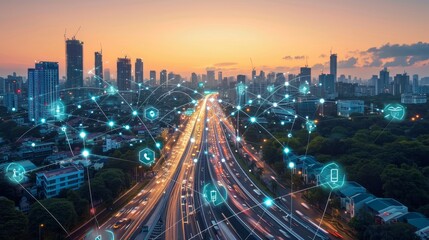 Fototapeta premium Smart City Infrastructure: Advanced Urban Connectivity with Intelligent Traffic Management at Noon