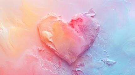  a heart painted in pastel colors on a pink, blue, yellow, and white background with a pink and blue heart on the left side of the image.