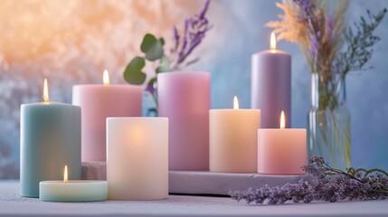  a group of lit candles sitting on top of a table next to a vase filled with purple flowers and a green leafy plant in front of a blue background.