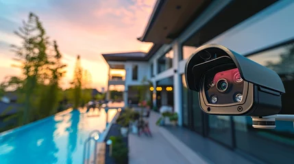 Fotobehang Smart Home Security: Surveillance Cameras and Sensors Protecting a Modern Residence at Sunset © MAY