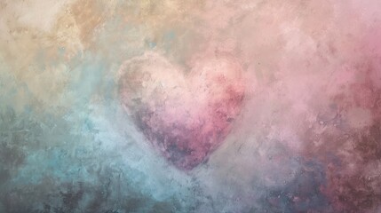  a painting of a pink heart in the middle of a blue, pink, and white cloud filled sky with a pink heart in the middle of the middle of the painting.