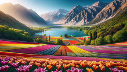 A vibrant valley with rows of colorful tulips in the foreground and a serene lake surrounded by mountains in the background.Landscape concept. AI generated.