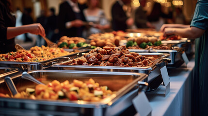 Group of people on catering buffet food indoor in restaurant. party wedding room, happy birthday, - obrazy, fototapety, plakaty