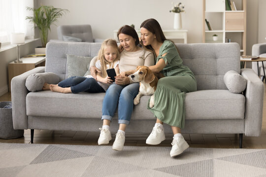 Focused little kid, mom and grandma resting on cozy couch with sweet dog in comfortable home interior, using mobile phone together for family online communication