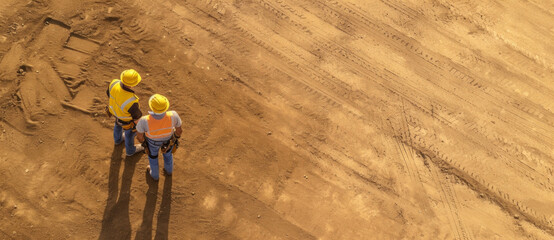 Aerial view of two construction workers in hi-vis gear discussing plans on a bare earth site, casting long shadows in the warm light