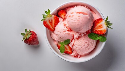 delicious bowl of strawberry ice cream top view on or white background