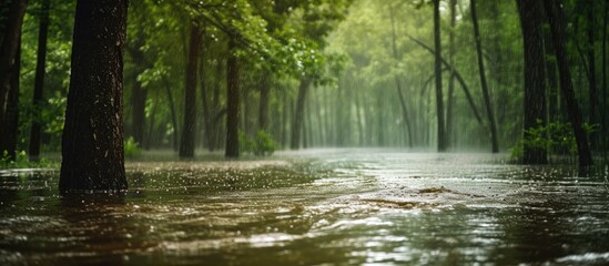 Heavy rain in the forest can lead to flooding due to pooling, overflowing rivers, and runoffs. - obrazy, fototapety, plakaty